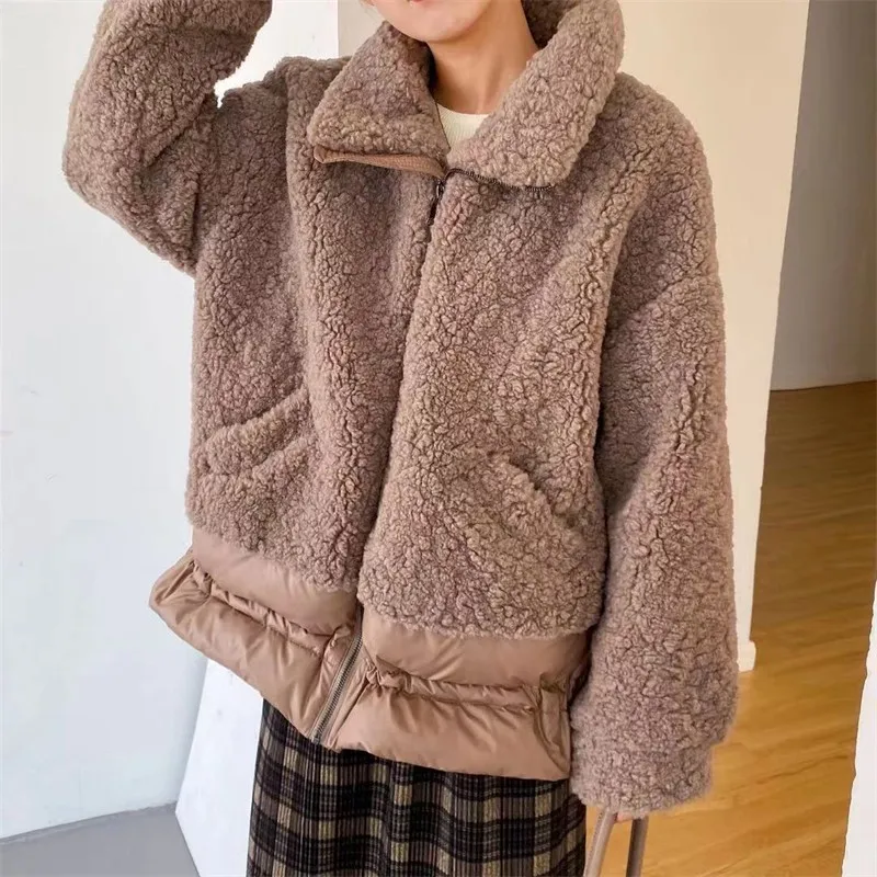 Lamb Wool Thick Fashion Women's Winter Korean Loose Zipper Top High Quality Faux Fur Overcoat Luxury Lapel White Duck Down Coat
