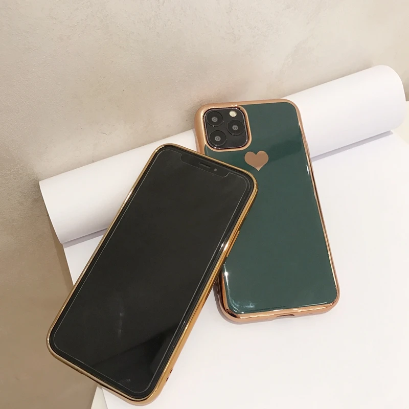 For iPhone 11 Pro XS Max XR 7 8 Plus 6 6s X Midnight Green Plating Love Heart Transparent Soft Silicone TPU Phone Case Cover | Мобильные