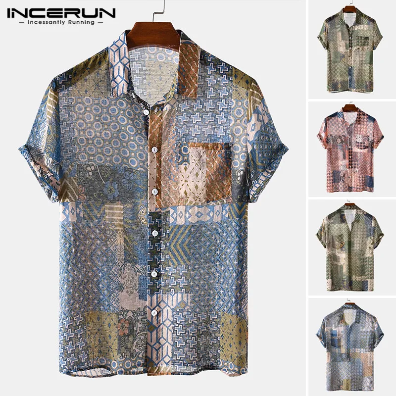 

Рубашка INCERUN мужская с коротким рукавом, Повседневная дышащая Гавайская блуза с винтажным принтом, с лацканами, уличная одежда, для отпуска, ...