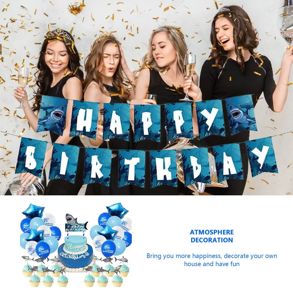 

Beautiful Shark Theme Party Supplies Birthday Flags Cake Inserts Balloon Set Birthday Supplies Decoration