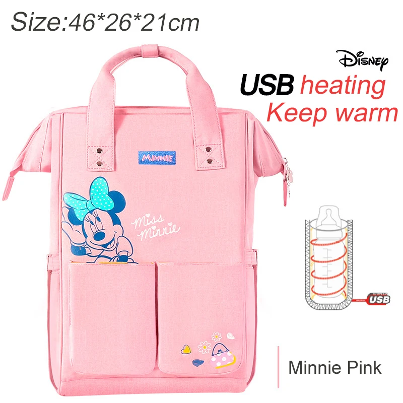 pink Дисней Пеленки сумки USB бутылка изоляции мешок Мумия материнства подгузник тепловой детское Кормление Минни Микки Оксфорд Рюкзак Сумочка - Цвет: pink