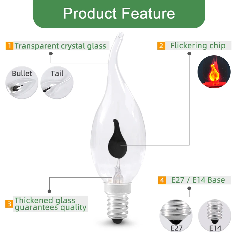 Лампа в виде свечи с эффектом пламени E14 E27 мерцающая винтажном стиле
