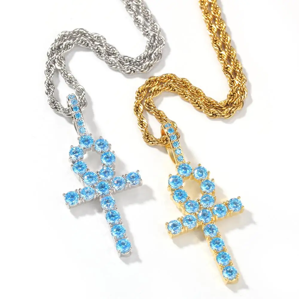 

Men Hip hop Ankh cross Pendant Necklace blue color AAA Zircon vintage Hiphop iced out cross necklace fashion jewelry gifts