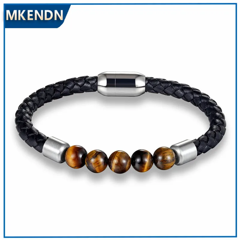 MKENDN Высокое Качество тигровый глаз камень бусы плетеный кожаный браслет с магнитной пряжкой из нержавеющей стали мужские ювелирные изделия Pulseras