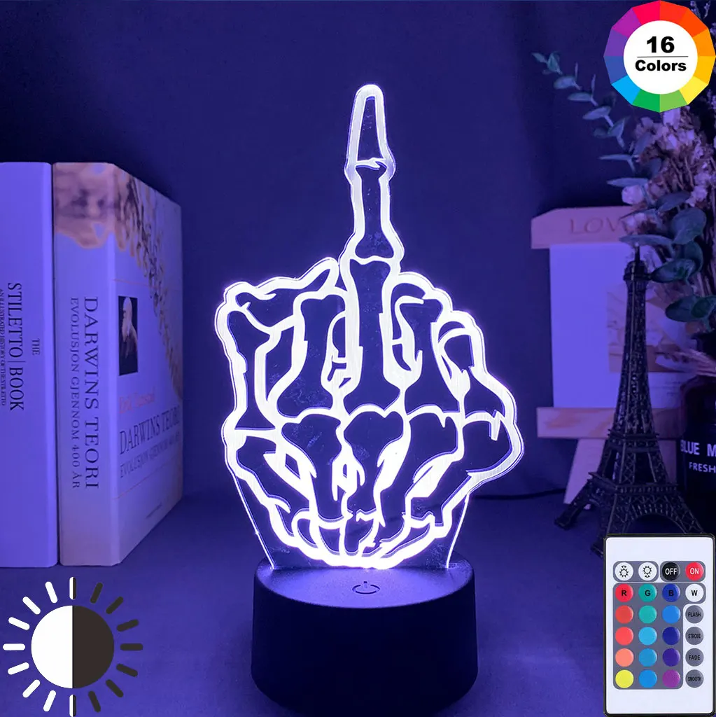 

Acrylic 3D Lamp Middle Finger Skull Nightlight for Adult Boys Office Room Decoration Atmosphere Color Changing Led Night Light