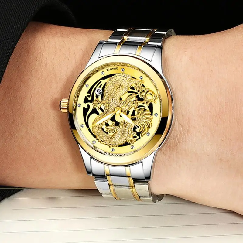 

Fngeen 1 Quartz Wristwatches Non Automatic Steel Gold Dragon Watch Hollow Date Clock Men Saat Fashion Luxury Business Men 'S Wat