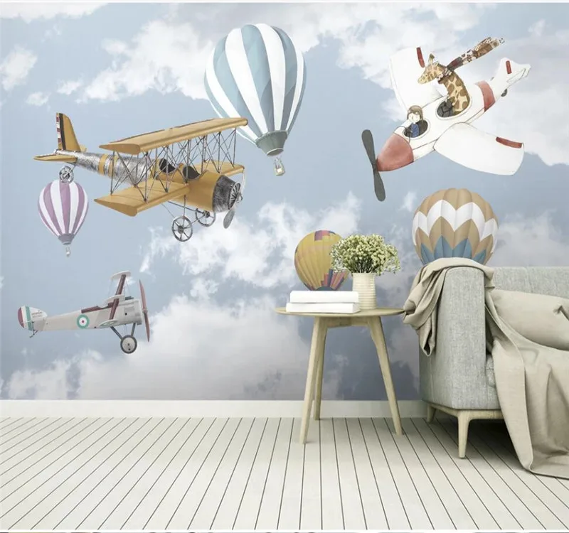 Фотообои на заказ простой ручной росписью мультфильм самолет воздушный шар