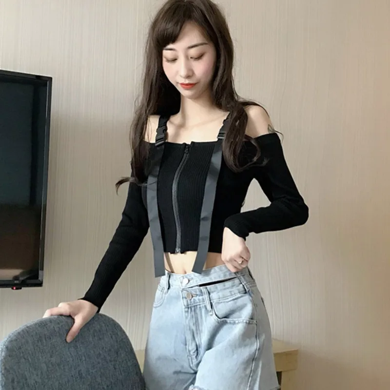 

Women Zipper Sexy Slash Neck Sling Crop Tops Female Solid Color Long Sleeve Knitwear Short Pullover Korean Knitted Top