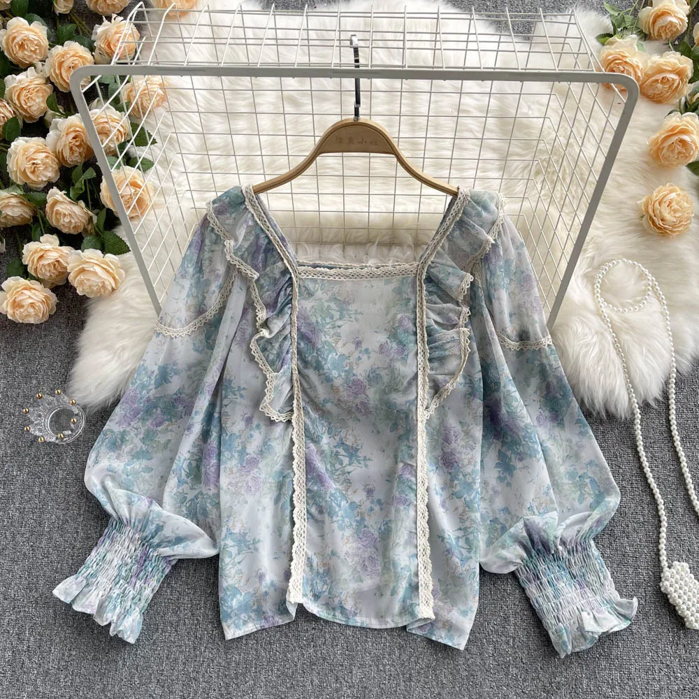 

Jastie/Элегантная модная шифоновая рубашка с цветочным рисунком; Сезон весна-осень; Топы с квадратным воротником и длинными рукавами-фонарика...