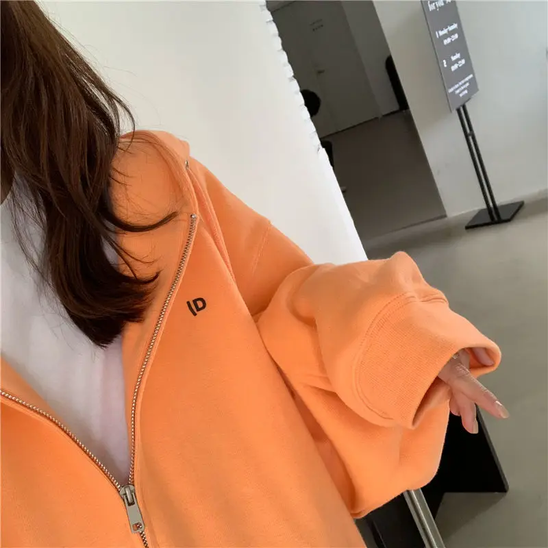 

Hoodies Women Loose Front Pocket Zipper Hooded Sweatshirt Spring Female Casual Oversize Simple All-match BF Basic Drawstring New