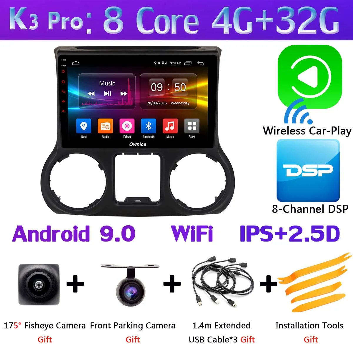 K3 Pro CarPlay Панорамная камера 360 ° 4G LTE WiFi Android 9,0 4+ 64G gps CarPlay SPDIF DSP автомобильный Радио плеер для Jeep Wrangler 3 JK 2011 - Цвет: K3 Pro CarPlay