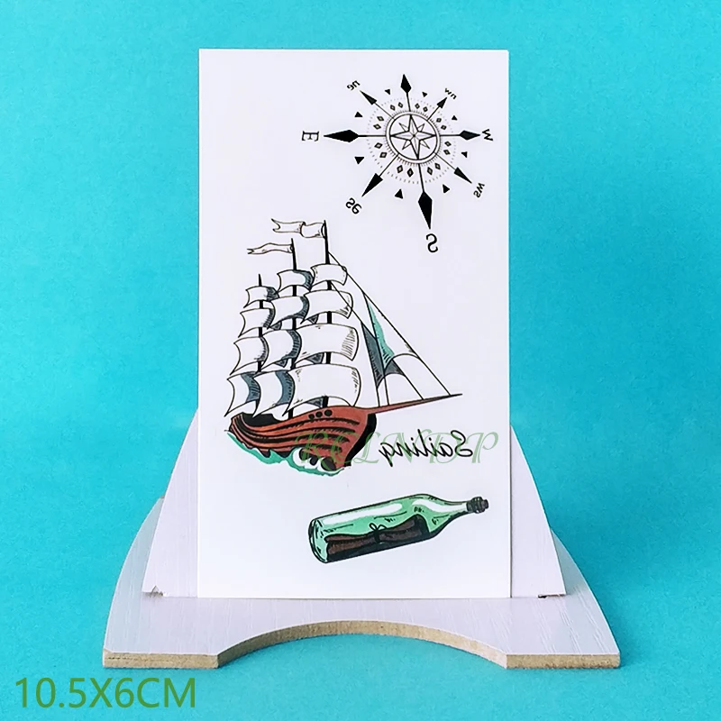 Водостойкая Временная тату наклейка Парусный корабль компас фальшивый флэш