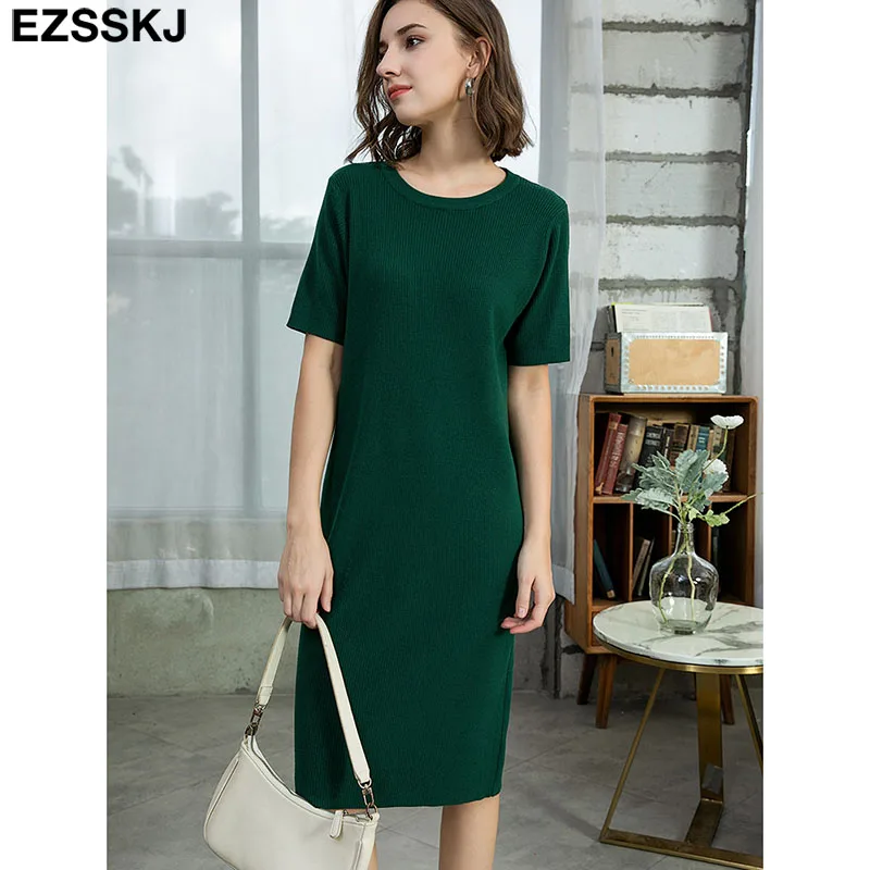 

Прямое платье-свитер макси с коротким рукавом, весна-осень, женское длинное вязаное платье с круглым вырезом, элегантное женское свободное ...