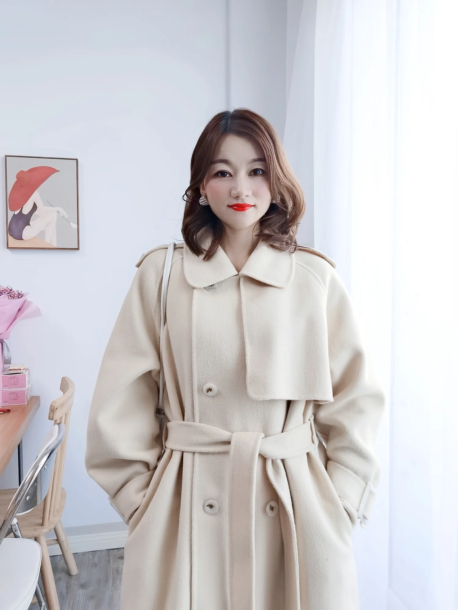 

Двубортное кашемировое пальто, Женское шерстяное пальто средней длины, свободного покроя, в иностранном стиле, Корейская версия, 2021