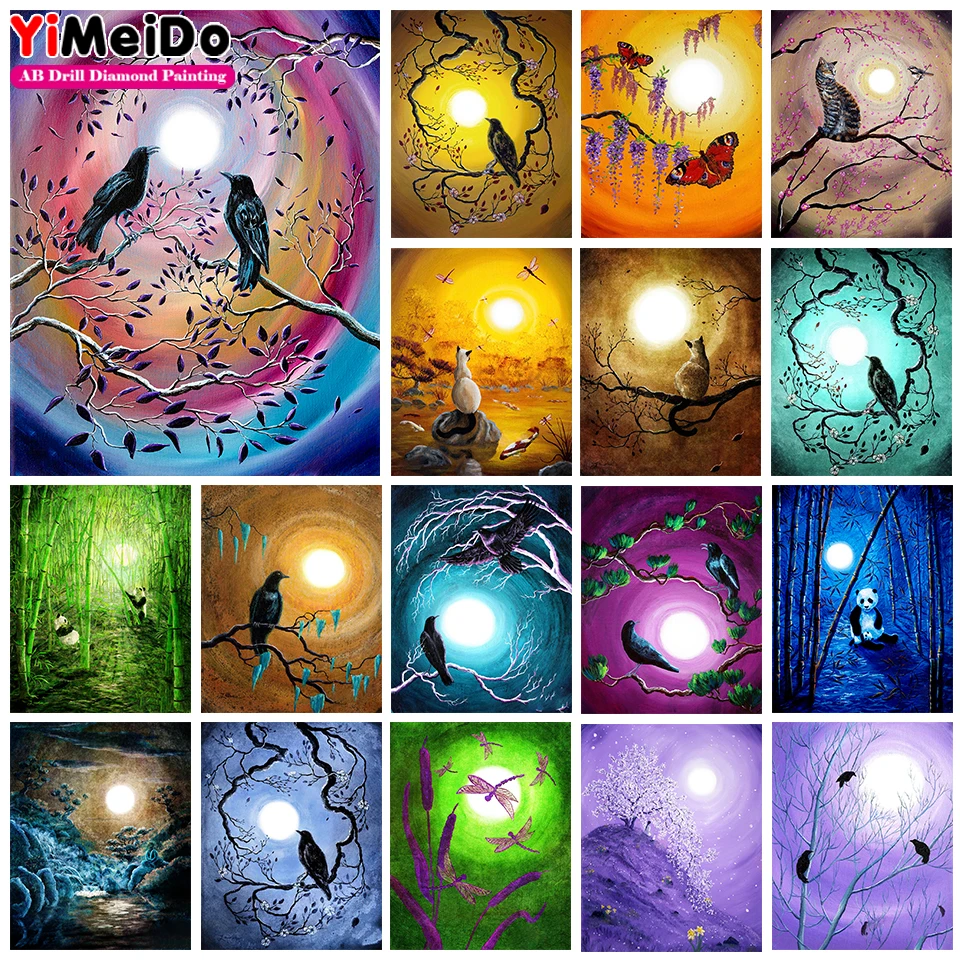 

YIMEIDA Animal AB Diamond Painting Kits Cat Crow Butterfly 5D Full Square Zipper Bag Color Abstract Moon Embroidery Home Decor
