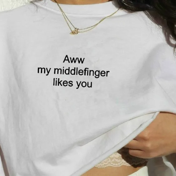 

Fashionshow-JF Aww My Middle Finger Likes You Funny Quotes Letter Printed Tshirt Man Women Short Sleeve Cotton O-Neckn Outfits