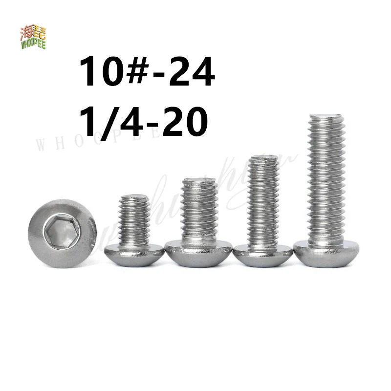 

10pcs UNC 10#-24 1/4-20 US Coarse Thread 304 A2-70 stainless steel Allen Hex Hexagon Socket Button Head Round Screw Bolt ISO7380