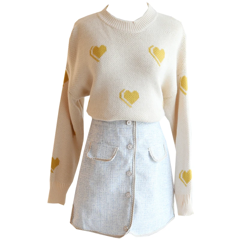 

New Winter Suit Love Loose Sweaters + Pocket Bust Bodycon Skirt Two-Piece Clothing Set Sweet Women Knitted Outfit Knitwear