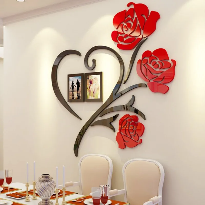 

3 Size Multi-Pieces Rose Flower Pattern 3D Acrylic Decoration Wall Sticker DIY Wall Poster Picture Frame Home Bedroom Wallstick