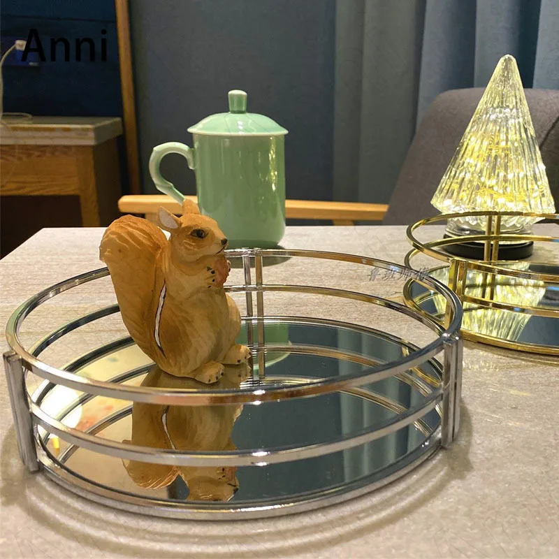 

Creativity Golden Ring Trays Decorative European Modern Gilded Coffee Table Desktop Tea Cup Wine Set Glass Mirror Storage Tray