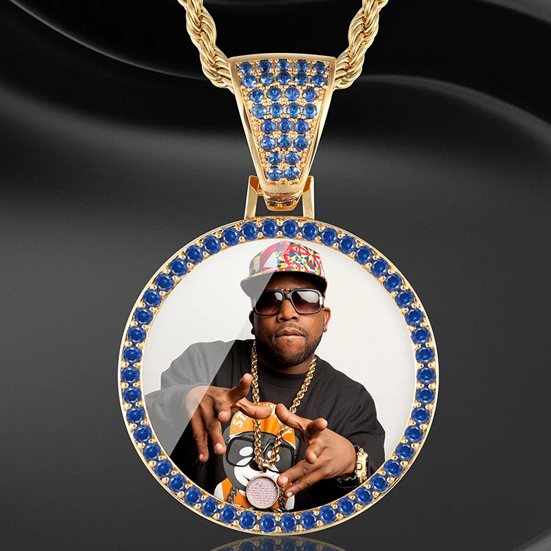 VIP CZP0335 Blue Crystal Custom Picture Memory Medallion Solid Pendant Necklace Hip Hop Jewelry Personalize Cubic Zircon | Украшения и