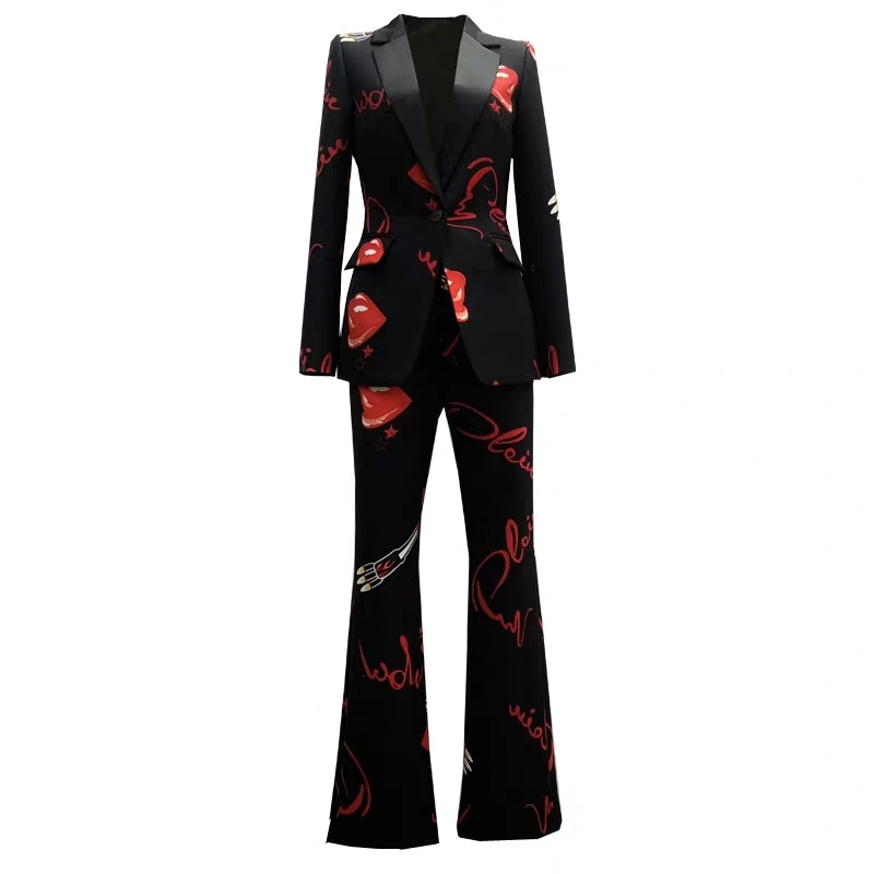 Женский брючный костюм с принтом в виде губ черный блейзер на одной