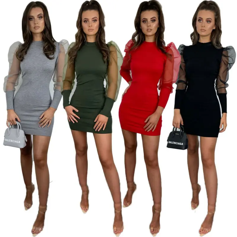 Модное женское облегающее платье Сетчатое прозрачное весеннее с пышными