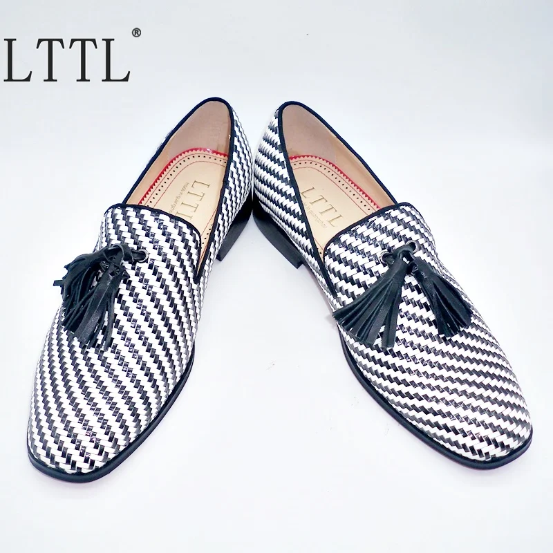LTTL итальянские модные черно-белые вязаные кожаные лоферы с узором и кисточками