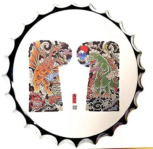 

Retro Sign Japanese Style Monster Bottle Caps Metal Tin Diameter 13.8 Inches - Handcrafts Home Decor Bar Plaque