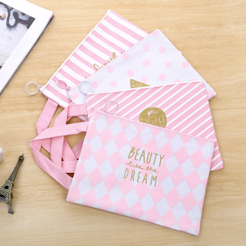 

Fashion Portable Pink A4 Canvas Zipper Paper File Folder Book Pencil Pen Case Bag Portable Document Bags Office Student Supplies