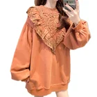 Женский ажурный пуловер с кружевом, повседневный свитшот большого размера с круглым вырезом и рукавами-фонариками, уличная одежда, осень 2021