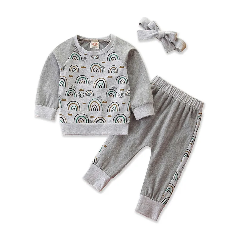 

Infant Toddler Autumn 3Pcs Outfits Cute Rainbow Printed Long Sleeve T-shirt Top + Elastic Long Pants + Bow Headband 6M-3Y