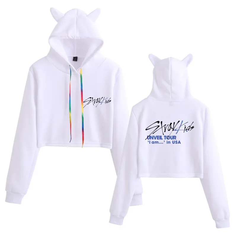 

Stray Kids Kpop Korean Hoodies Women Sweatshirts Casual Stray Kids Letter Printed Hoodie Crop Top Winter Cat Ear Hooded Pullover