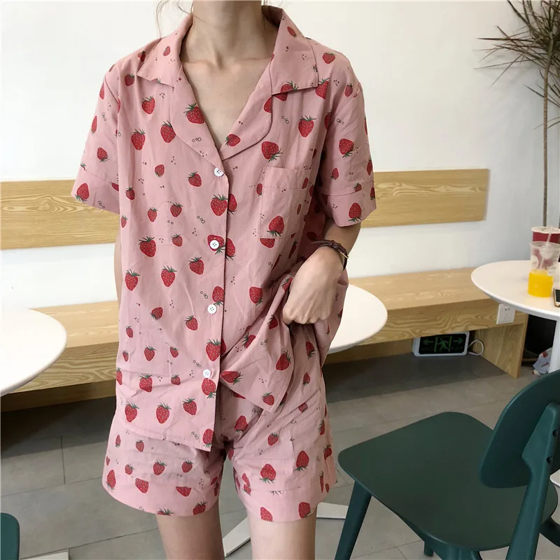 Women's Pajamas Summer New Korean Loose Thin Shorts  Lovely Female Sleepwear Sweet Leisure Home Suit Nightgown Cotton Nightwear