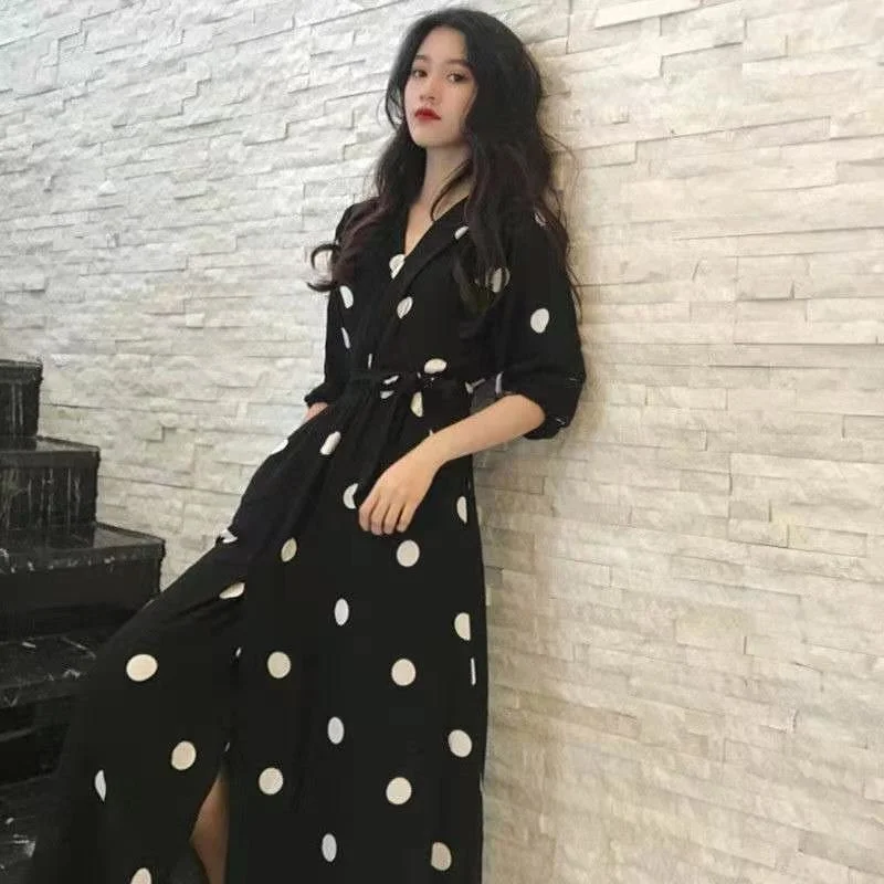 

Women's Casual Spring and Summer Dress Women's Korean Retro Printed Chiffon Shirt V-neck Wave Point Bandage Waist Summer Dress