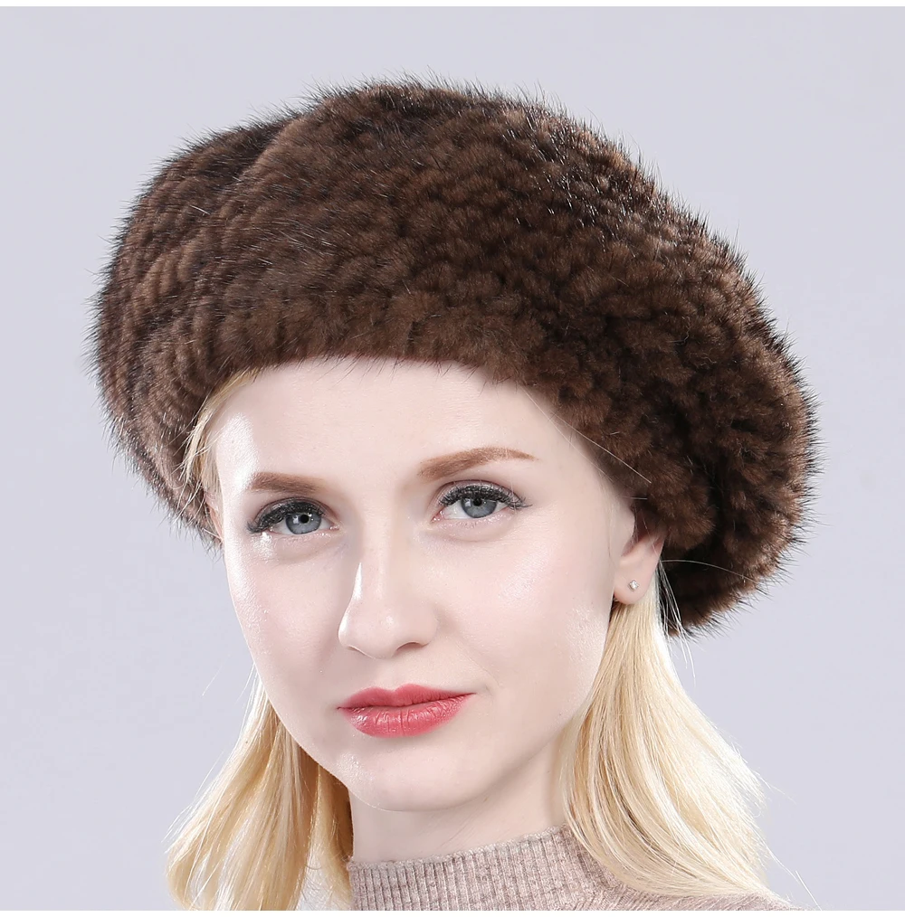 Hot Sale Russia Women Winter Real Mink Fur Berets Hat Hand Knitted Real Natural Mink Fur Cap Lady Luxury Real Mink Fur Hats