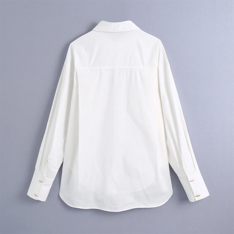 

Spring and autumn women's casual solid color lapel long-sleeved pocket decorated single-breasted shirt