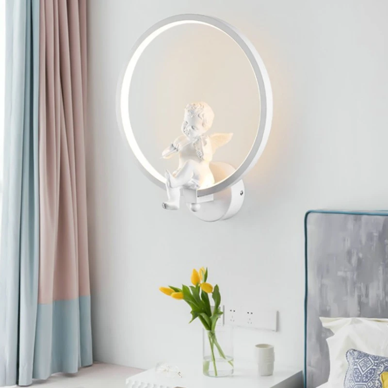 

Nordic Modern Wall Mounted Lamp Lovely Minimalist Angel Playing Violin Bedside Sconce Round Night Light Iron Bracket
