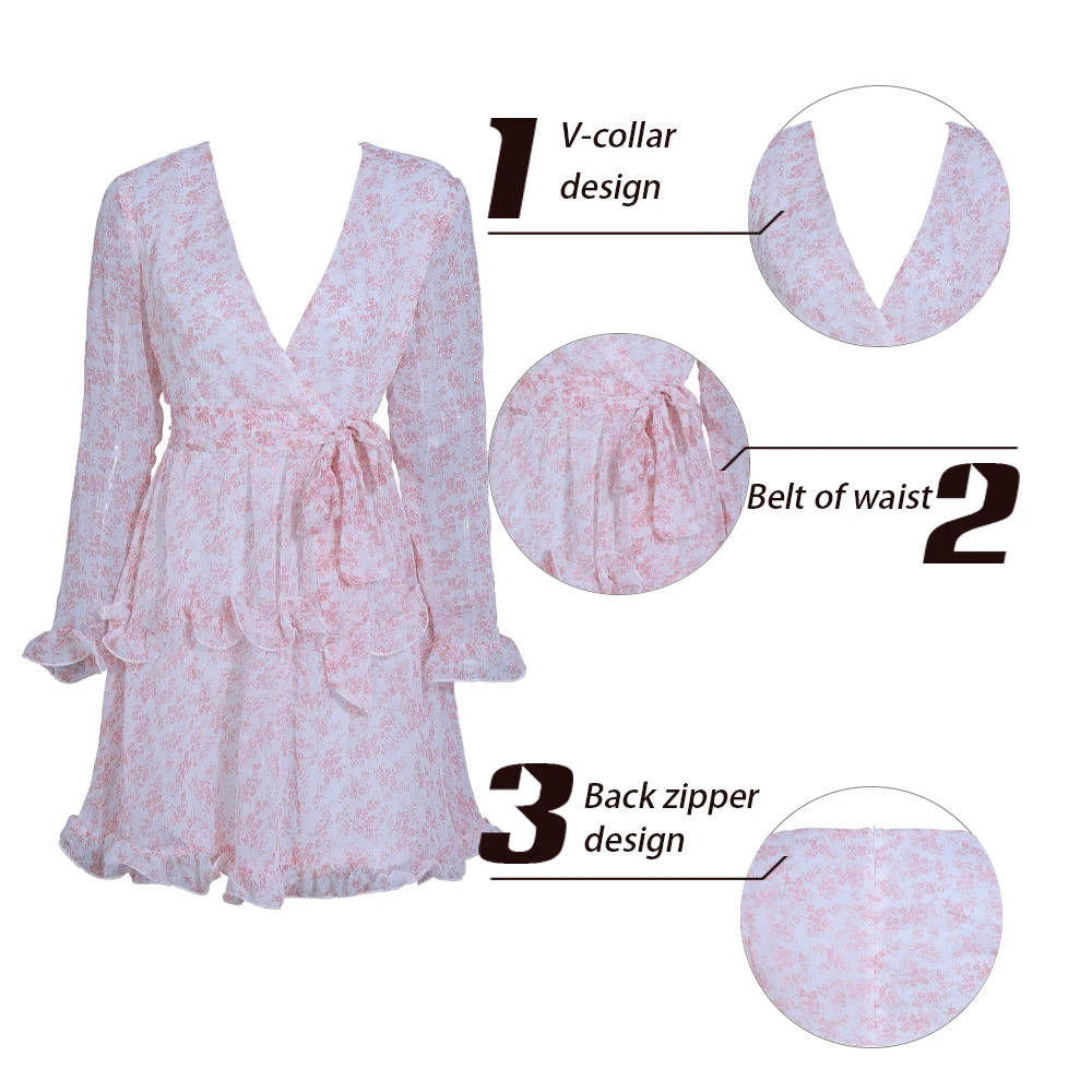 Женское платье с V-образным вырезом длинным рукавом и цветочным принтом | Женская