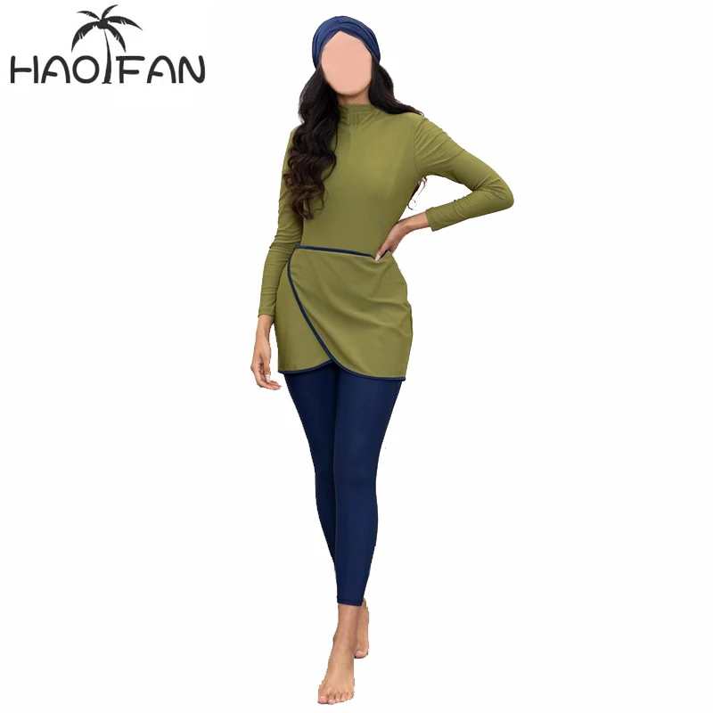 HAOFAN 2020 Мусульманский купальник женский скромный лоскутный хиджаб с длинными