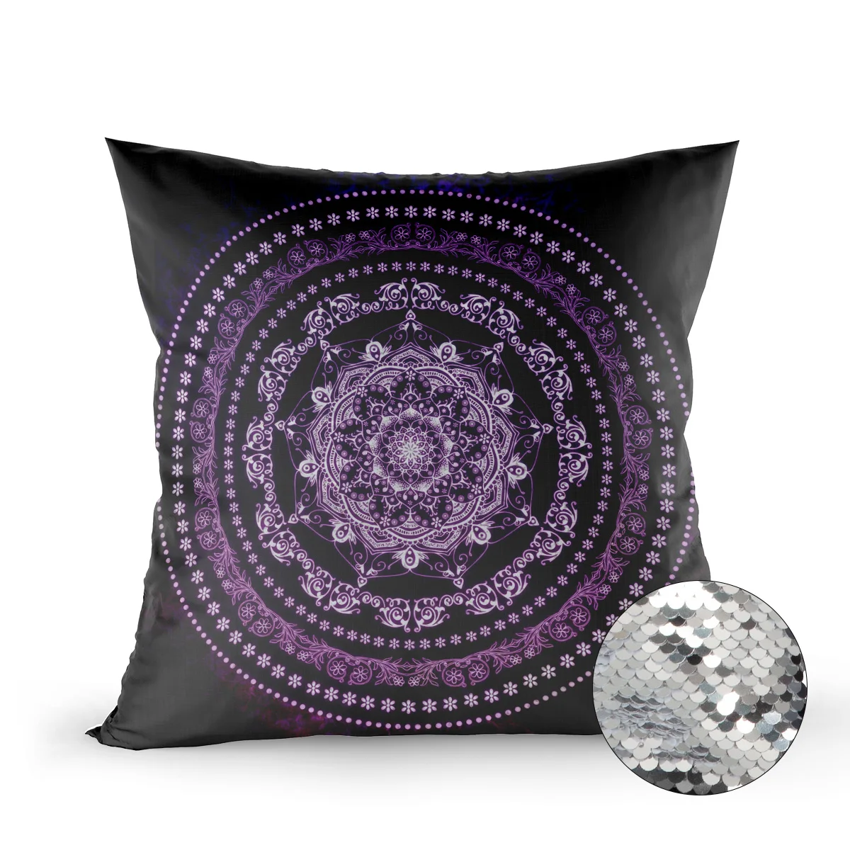 Фиолетовый светящийся чехол для подушки с пайетками в виде мандалы и русалки