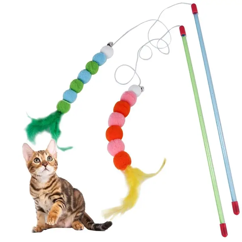 

2 Pcs/Set Cat Wand Toy Interactive Fake Feather Cat Stick With Small Bell Colorful Pom Pom Toys For Cats Teasing Playing Toy