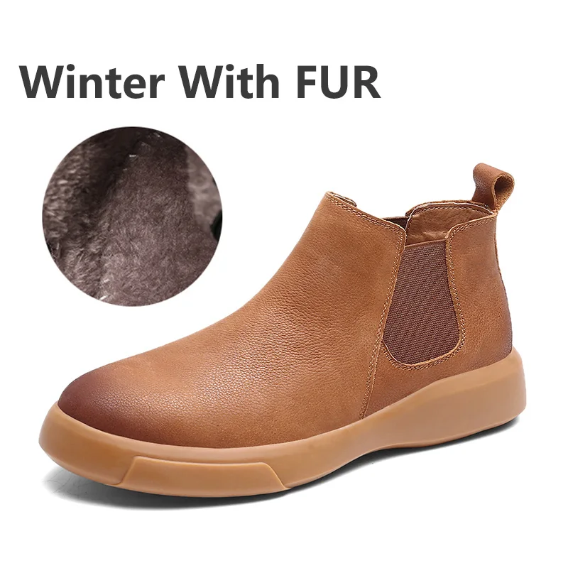 Brown Fur Модные мужские ботинки в байкерском стиле; кожаная обувь; удобные плюшевые мужские кроссовки; водонепроницаемые зимние ботинки; Ботинки Челси высокого качества; Botas; Цвет Черный - Цвет: Brown Fur