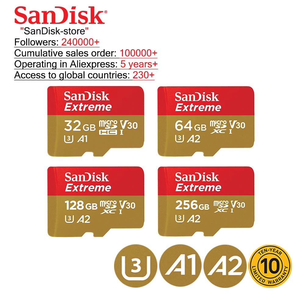 SanDisk 100% карта памяти micro SD Экстрим 32 Гб 64 128 ГБ 256 SDHC класс 10 U3 TF лет гарантии|Карты