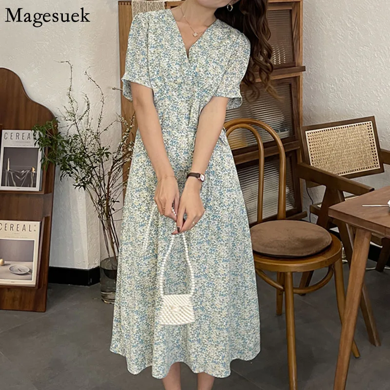 

Elegant Floral Printed Summer Dress Women V Neck 2021 Elegant Dresses for Women Chiffon Lace Up Short Sleeve Midi Dress 15230