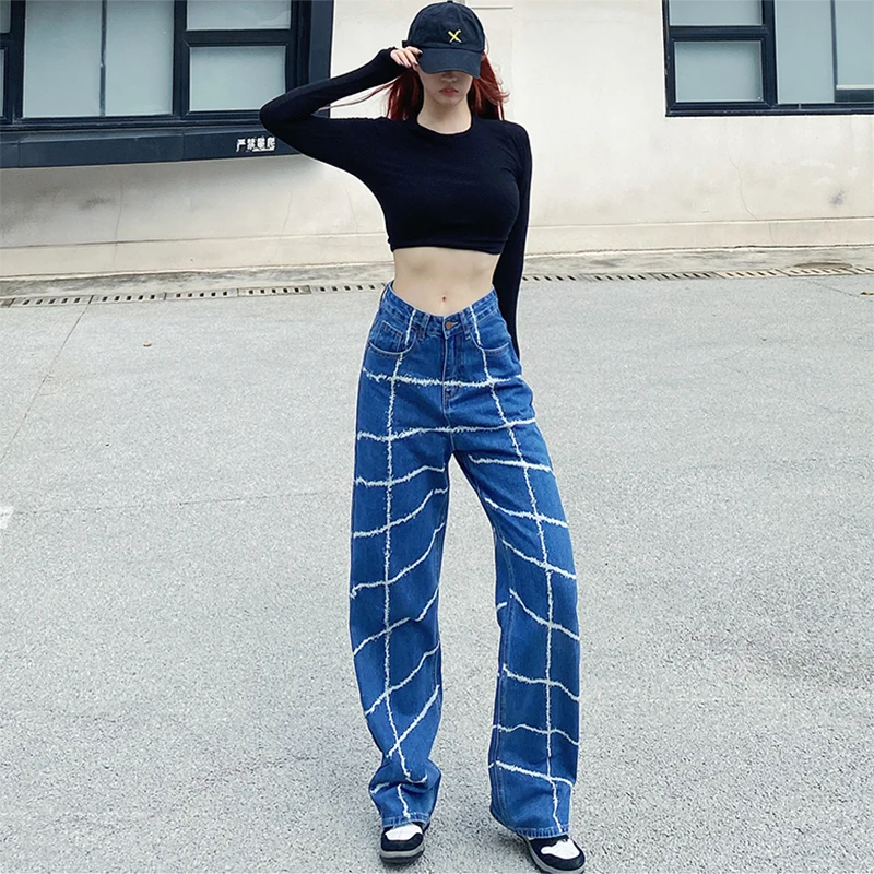 

Новые женские джинсы в стиле Харадзюку, уличная одежда, свободные брюки с высокой талией и широкими штанинами, прямые винтажные ковбойские ...