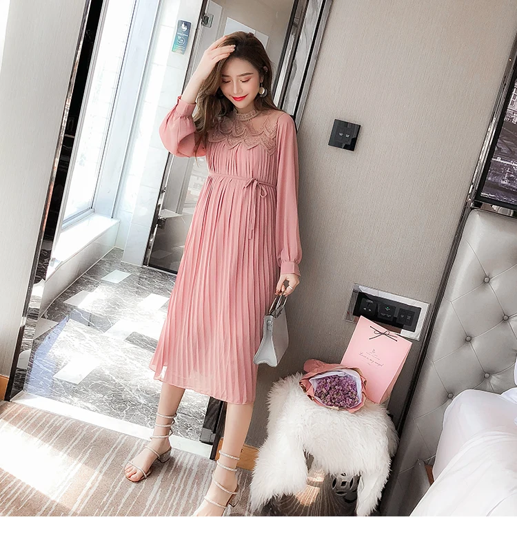 Envsoll Spring Autumn Maternity Dress Mom Long-sleeved Lace Pleated Chiffon Dress Maternity Clothes For Pregnant Women
