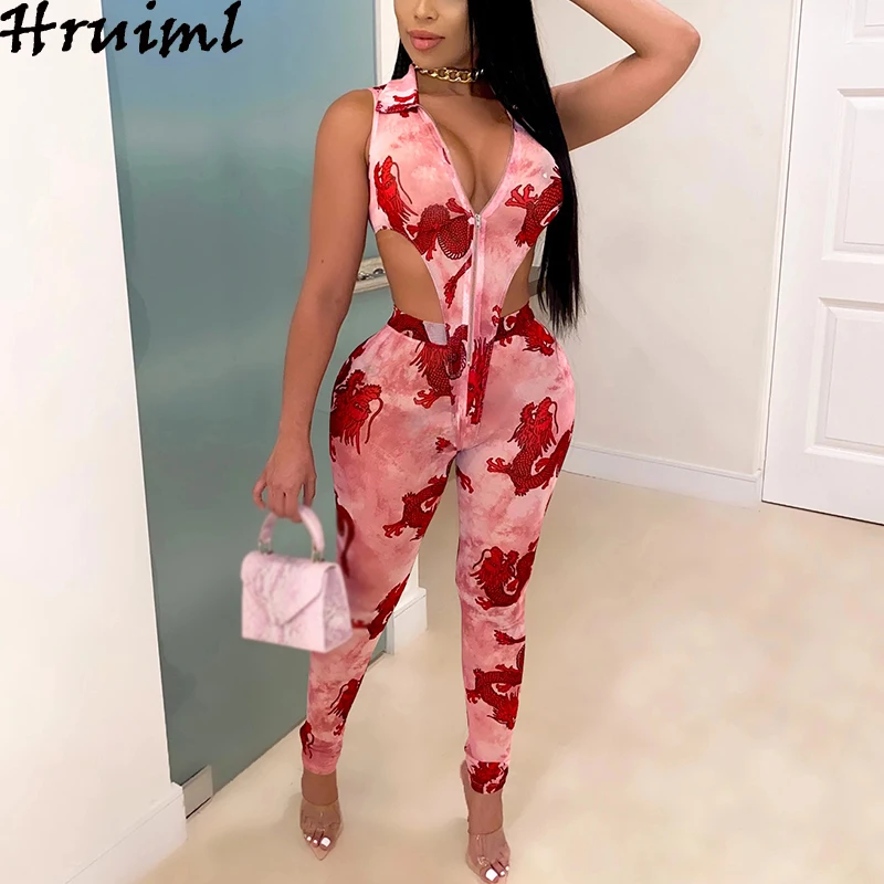 

Женский комплект из 2 предметов с принтом, летний клубный комплект из топа на молнии с вырезами и длинных брюк с высокой талией