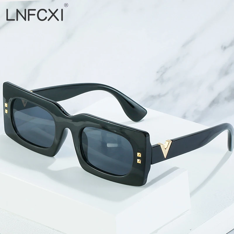 

LNFCXI Fashion Women Luxury Brand Rectangle Sunglasses Ladies Vintage V Shape Leg Frame Sun Glasses Female Uv400 Shades Black
