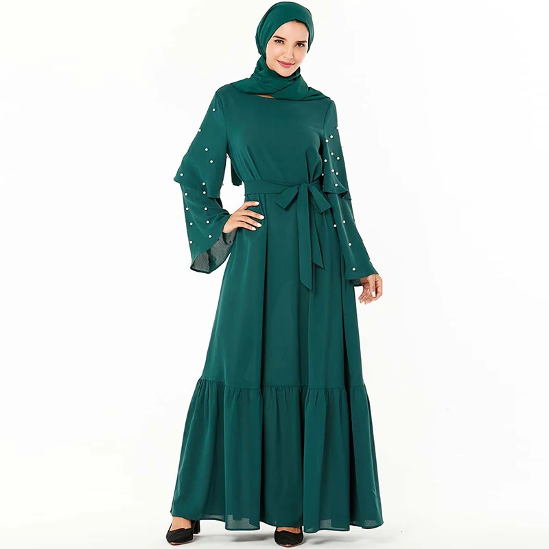 Мусульманское платье средней Восточной моды бисером пояс расклешенный рукав